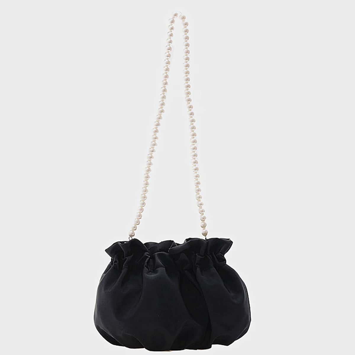 

Faux Pearl Strap Ruched Bag, Black