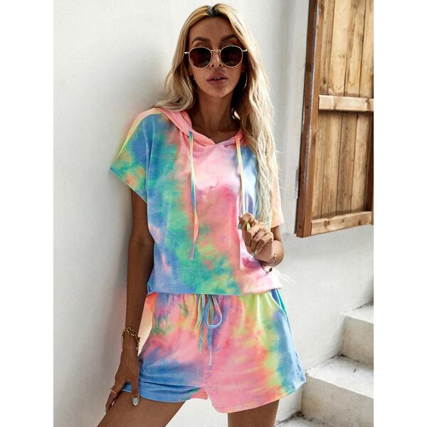 

Tie Dye Drawstring Hoodie & Shorts Set, Multicolor