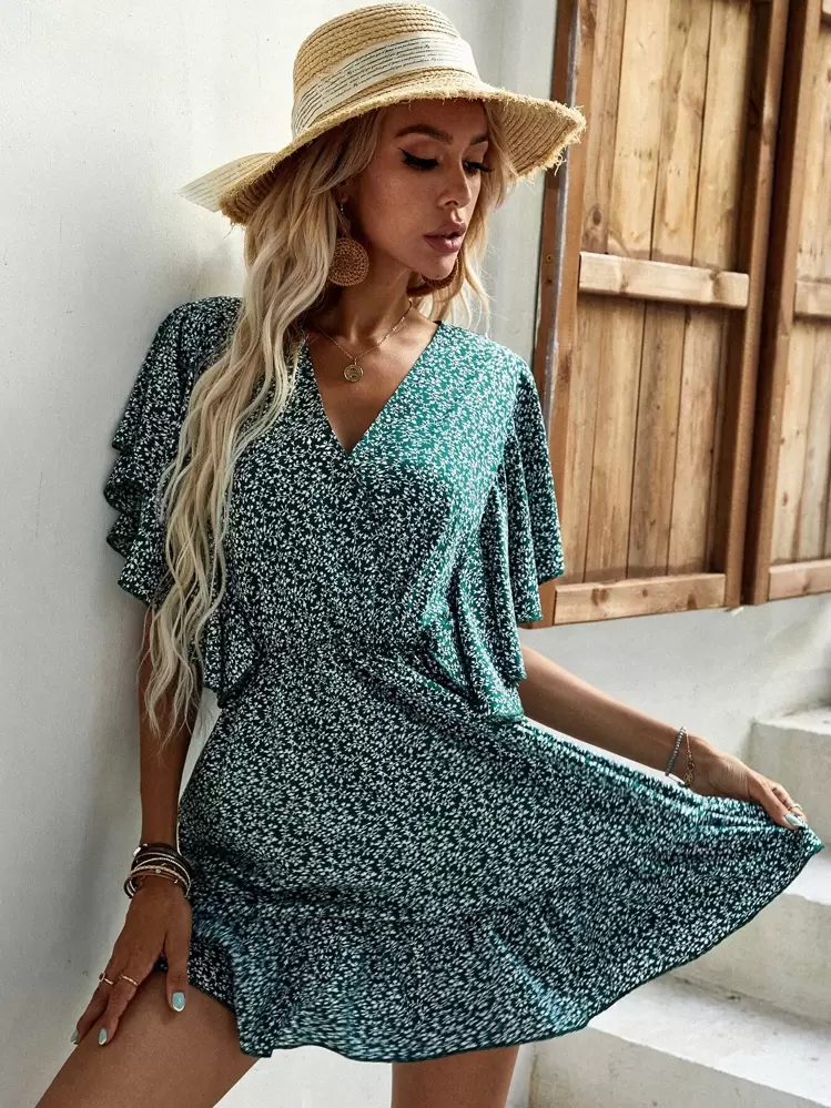 Summer Outfit Shein Casual Dresses Women's Dresses Allover Floral Print  Butterfly Sleeve Ruffle Trim Wrap Knot