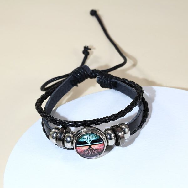 

Men Tree Print Round Decor Layered Bracelet, Black