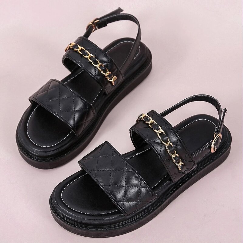 

Quilted Chain Strap Slingback Sandals, Black