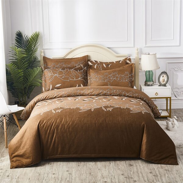 

Flower Print Duvet Cover Set Without Filler, Coffee brown