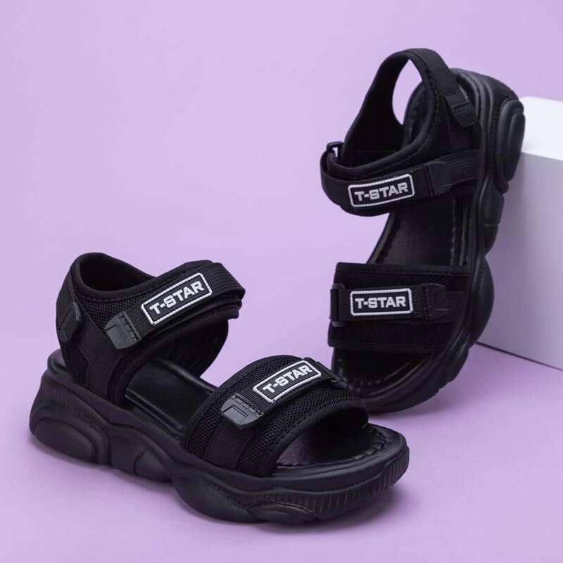 

Letter Velcro Strap Sport Sandals, Black