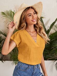 SHEIN LUNE 蝙蝠袖素色上衣 - 芥末黃 - 查看 3