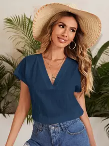 SHEIN LUNE Top unicolor de manga murciélago - Azul Marino - Ver 1
