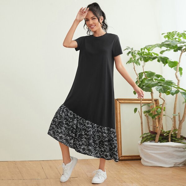 

Letter Graphic Ruffle Hem Dress, Black