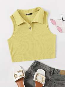 SHEIN EZwear Ribbed Half-Button Cropped Tank Top - Yellow - View 1
