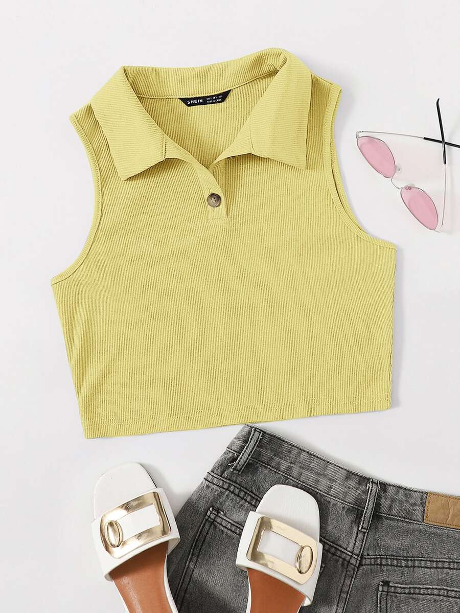 SHEIN EZwear Ribbed Half-Button Cropped Tank Top - Yellow - View 1