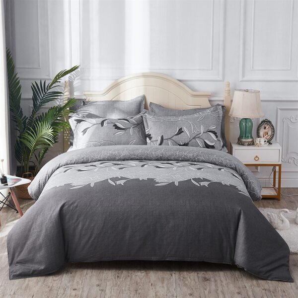 

Flower Print Duvet Cover Set Without Filler, Grey