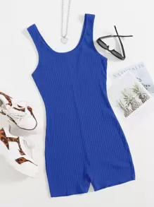 Muchica 大圓領羅紋針織背心彈力緊身連身短褲