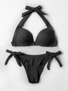 SHEIN Swim Summer Beach Halter Tie Side Bikini Set - Black - View 4