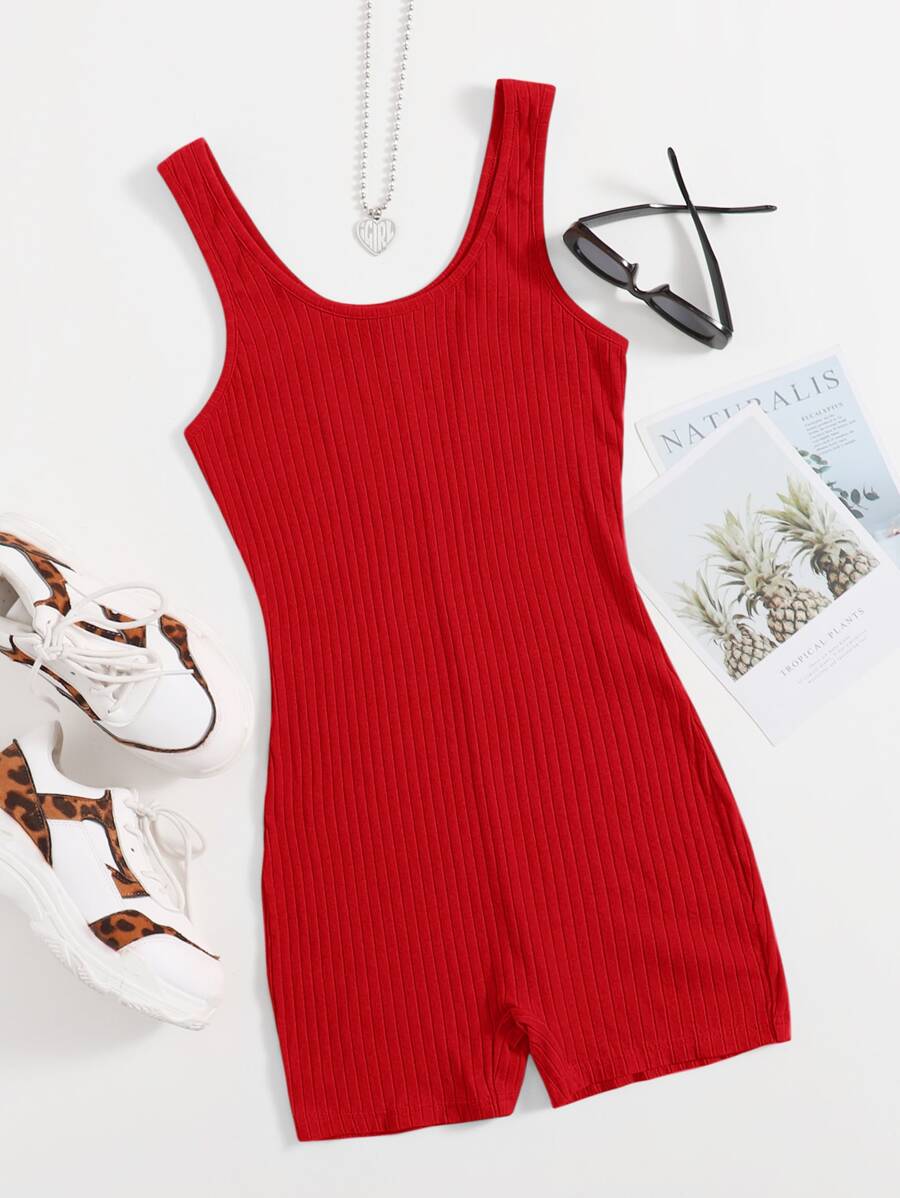 Muchica Scoop Neck Rib-knit Tank Unitard Romper - Red - View 1