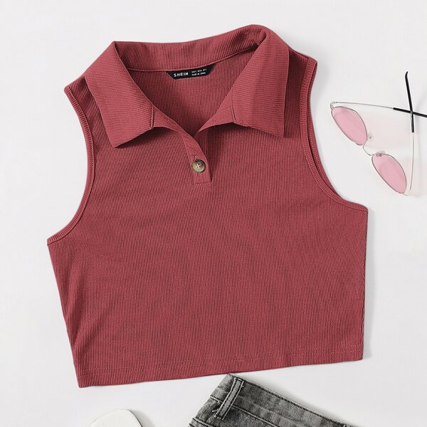 

Ribbed Half-Button Cropped Tank Top, Redwood