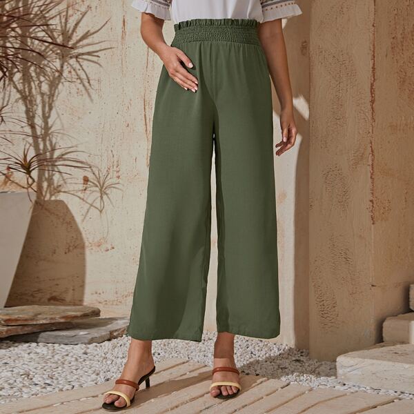 

Maternity Frilled & Shirred Waist Wide Leg Pants, Army green