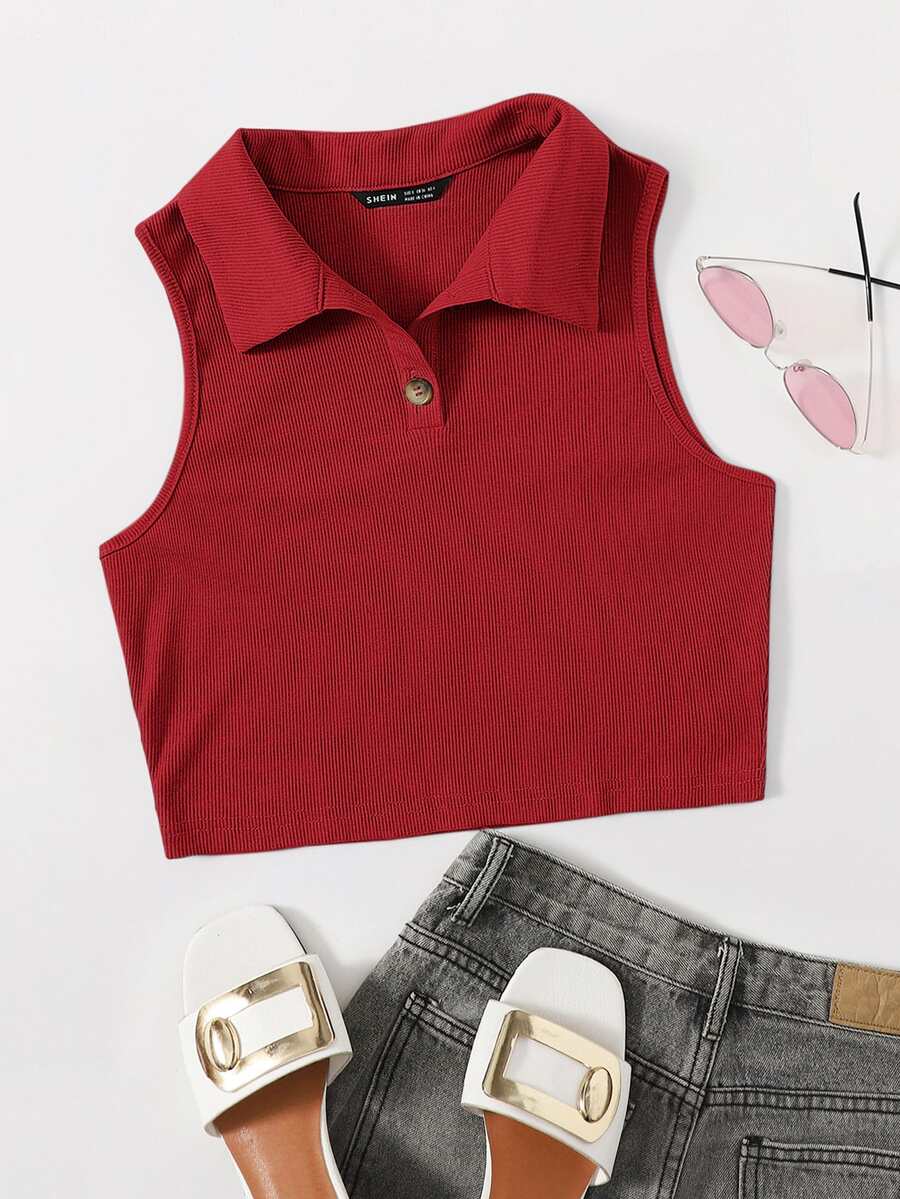 SHEIN EZwear 紐扣半開襟羅紋針織背心上衣 - 酒紅色 - 查看 1