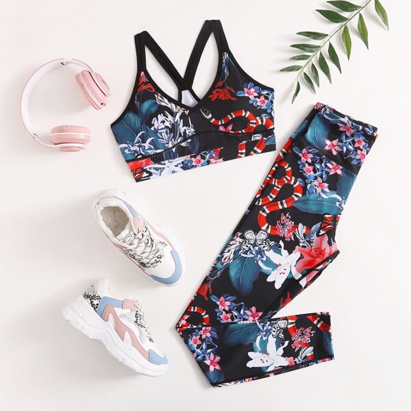 

Floral & Butterfly Print Sports Bra With Leggings, Multicolor