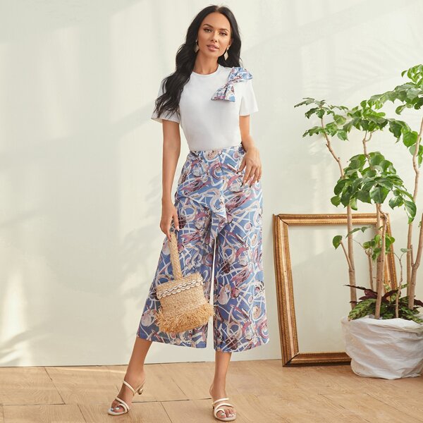 

Bow Front Tee & Draped Detail Pants Set, Multicolor