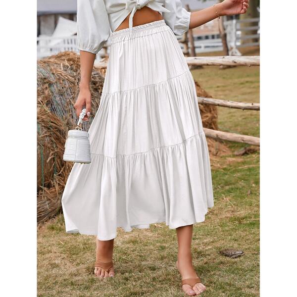 

Paperbag Waist Ruffle Hem Solid Skirt, White
