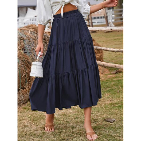 

Paperbag Waist Ruffle Hem Solid Skirt, Navy blue