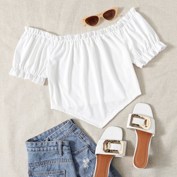 

Frill Trim Off-the-shoulder Top, White