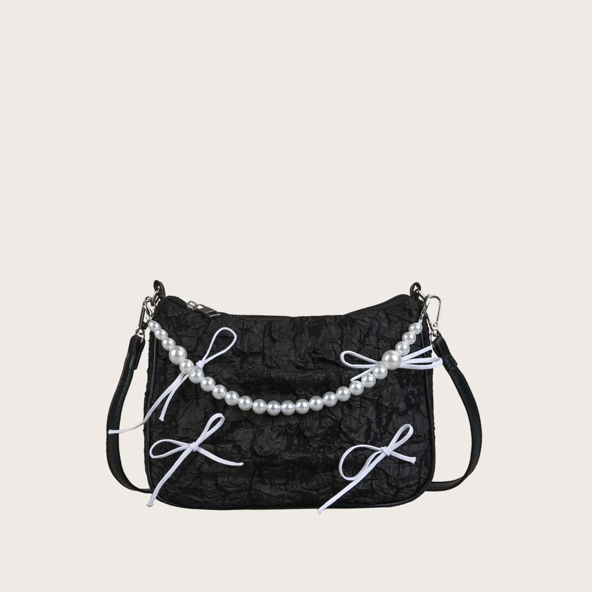

Faux Pearl Strap Bow Satchel Bag, Black