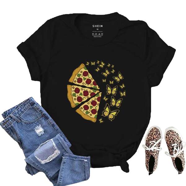 

Pizza & Butterfly Print Tee, Black