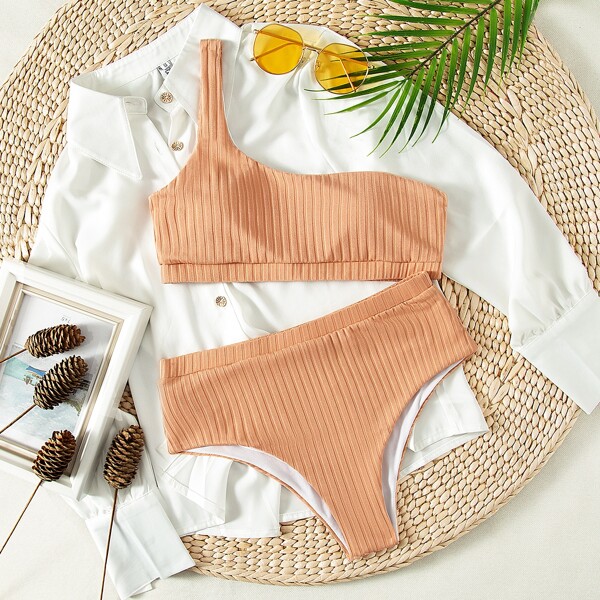 

One Shoulder High Waisted Bikini Swimsuit, Coral orange