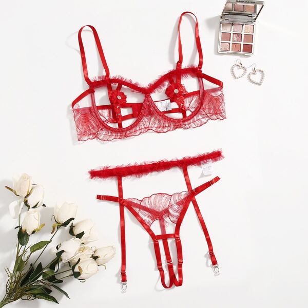 

Appliques Mesh Garter Underwire Lingerie Set, Red