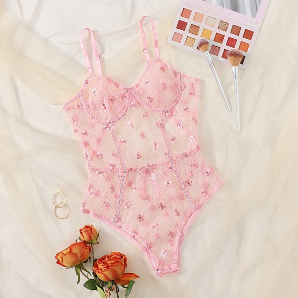 

Floral Embroidered Mesh Teddy Bodysuit, Baby pink