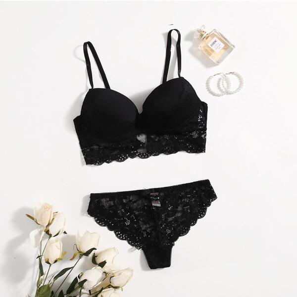 

Floral Lace Push Up Lingerie Set, Black
