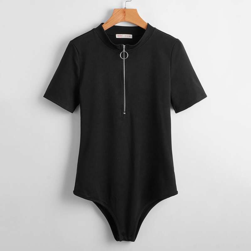 

Solid Half Zip Bodysuit, Black