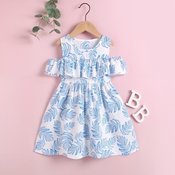 

Toddler Girls Tropical Print Ruffle Cold Shoulder Dress, Blue and white