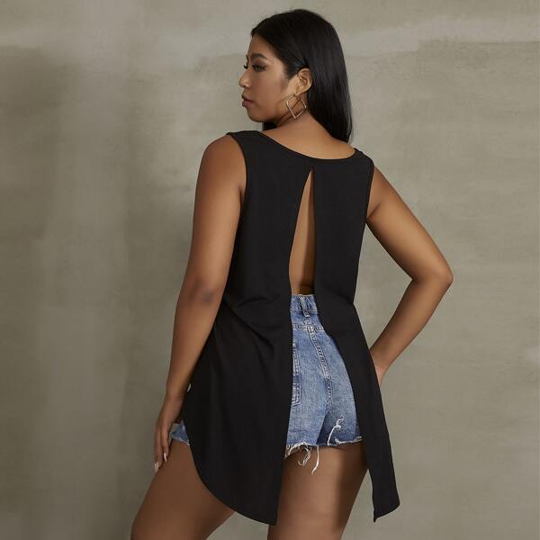

Plus High Low Backless Tank Top, Black