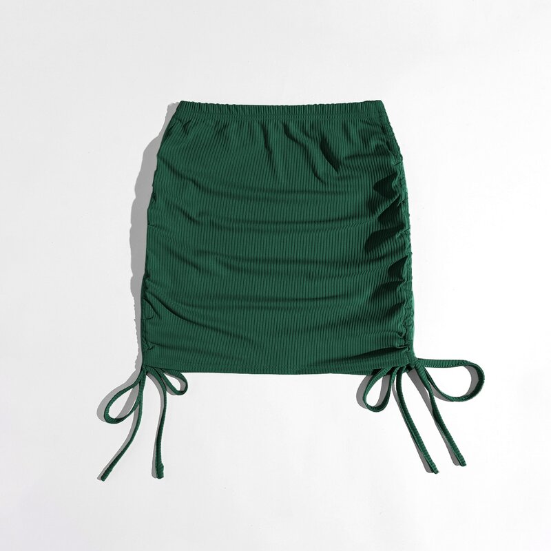 

Solid Drawstring Ribbed Bodycon Skirt, Dark green