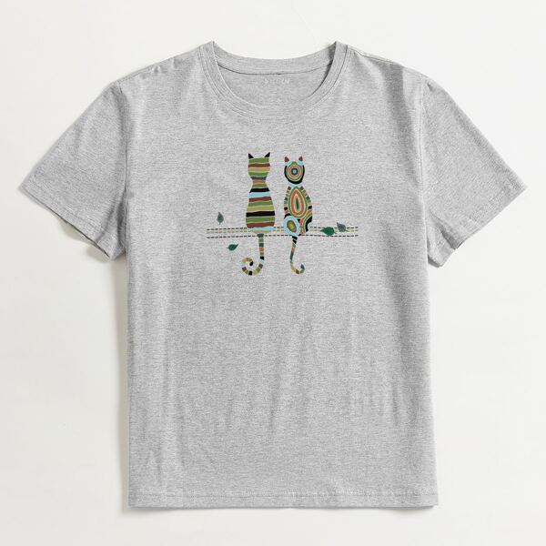 

Cartoon Graphic Round Neck Tee, Grey