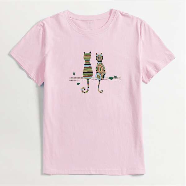 

Cartoon Graphic Round Neck Tee, Baby pink