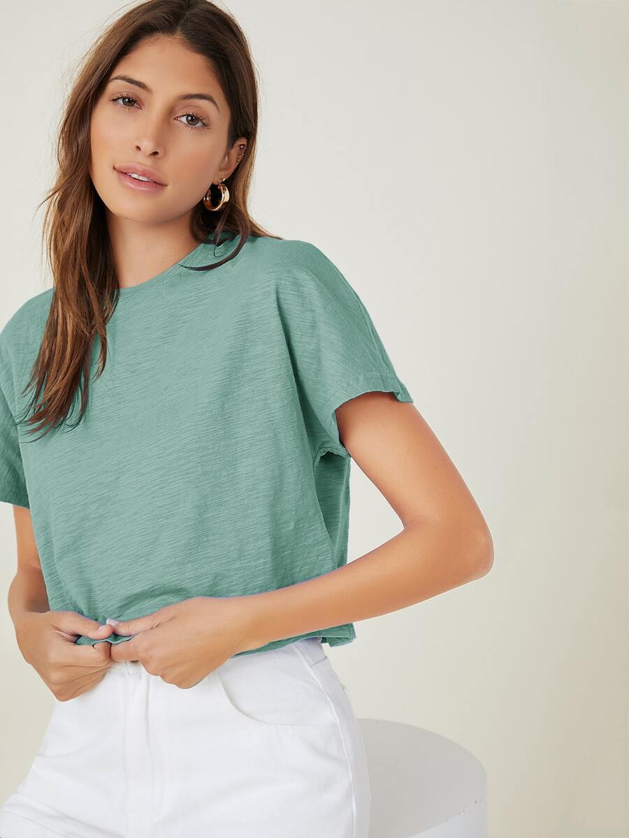 SHEIN BASICS Top algodón de manga murciélago - verde menta - Ver 1