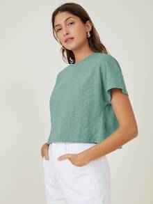 SHEIN BASICS Top algodón de manga murciélago - verde menta - Ver 3