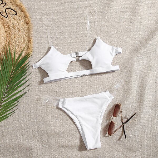 

Cut-out Clear Strap Bikini Swimsuit, White