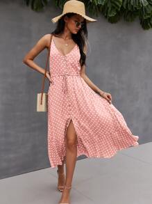 SHEIN VCAY Button Through Drawstring Waist Polka Dot Cami Dress - Coral Pink - View 1