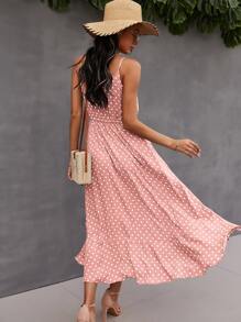 SHEIN VCAY Button Through Drawstring Waist Polka Dot Cami Dress - Coral Pink - View 2