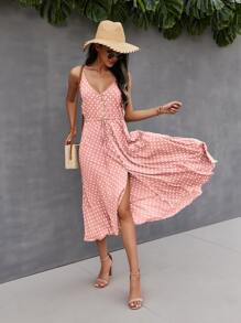 SHEIN VCAY Button Through Drawstring Waist Polka Dot Cami Dress - Coral Pink - View 3