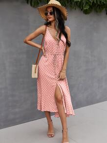 SHEIN VCAY Button Through Drawstring Waist Polka Dot Cami Dress - Coral Pink - View 4