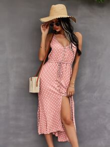 SHEIN VCAY Button Through Drawstring Waist Polka Dot Cami Dress - Coral Pink - View 6