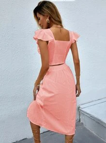 SHEIN Unity Two-piece Outfits Ruffle Plain Boho - Coral Pink - View 2