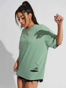 SHEIN SXY 落肩破洞細節T恤 - 薄荷綠 - 查看 4