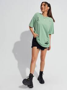 SHEIN SXY 落肩破洞細節T恤 - 薄荷綠 - 查看 5