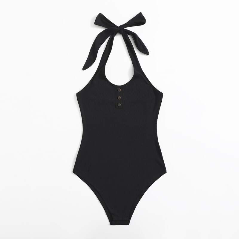 

Solid Button Halter Bodysuit, Black