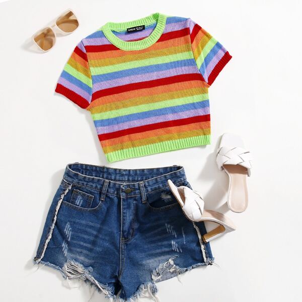 

Rainbow Stripe Pattern Knit Top, Multicolor