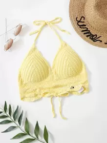 系带露背钩针比基尼上衣，适合夏季海滩度假 - 黃色 - 查看 1